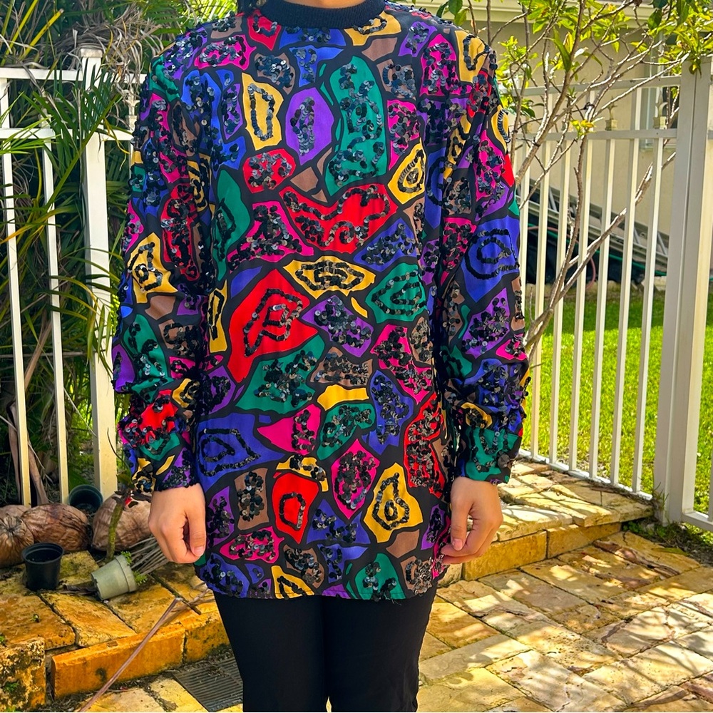 Oleg Cassini Sequin Gem Emerald Green, Red Yellow Cobalt Blue Long Sleeve Shirt!